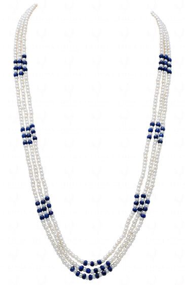 3 Rows Of Pearl & Blue Sapphire Gemstone Baeded Necklace NM-1150