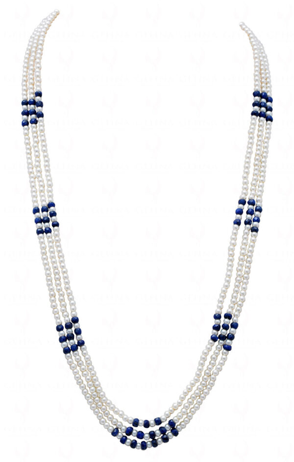 3 Rows Of Pearl & Blue Sapphire Gemstone Baeded Necklace NM-1150