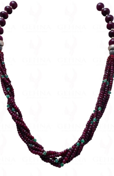 Ruby & Emerald Gemstone Round Bead Twisted Necklace With Silver Elements NP-1150