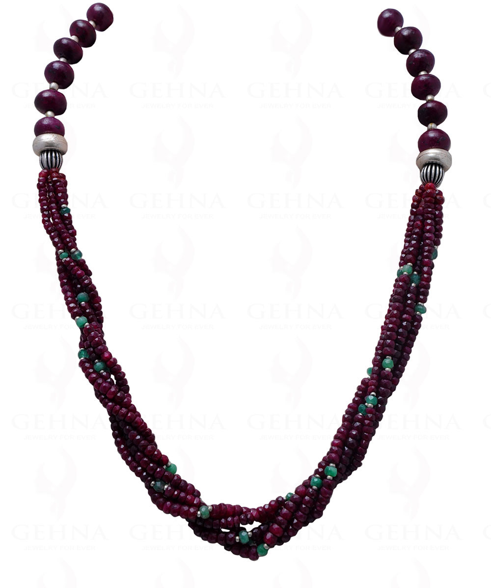 Ruby & Emerald Gemstone Round Bead Twisted Necklace With Silver Elements NP-1150