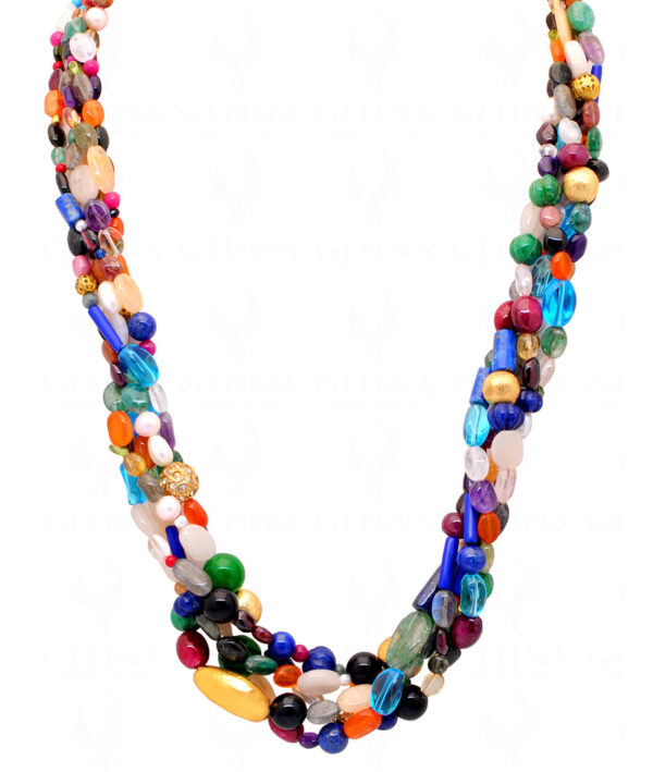 5 Rows of Multi Color Gemstone Bead Necklace With Solid Silver Elements NS-1150