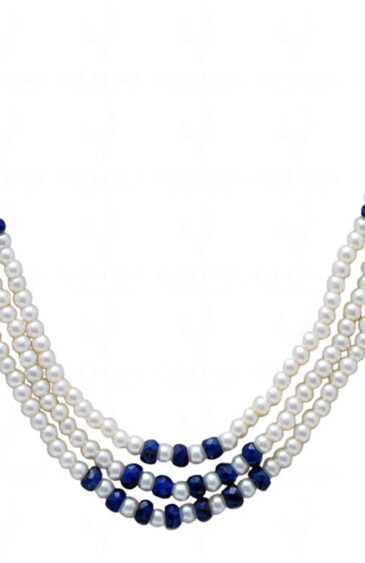 3 Rows Of Pearl & Blue Sapphire Gemstone Baeded Necklace NM-1150