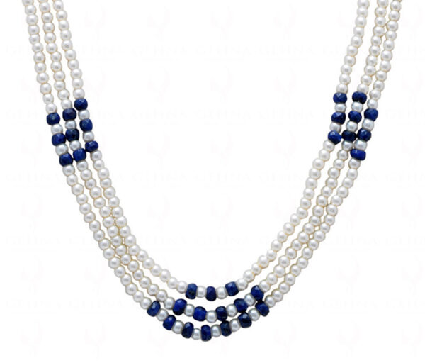 3 Rows Of Pearl & Blue Sapphire Gemstone Baeded Necklace NM-1150