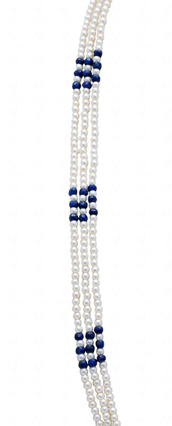 3 Rows Of Pearl & Blue Sapphire Gemstone Baeded Necklace NM-1150