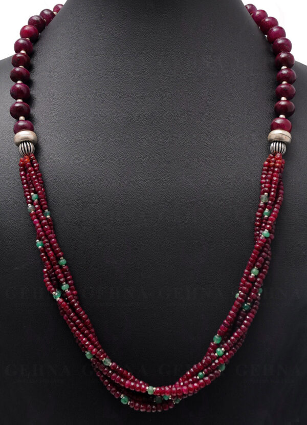 Ruby & Emerald Gemstone Round Bead Twisted Necklace With Silver Elements NP-1150