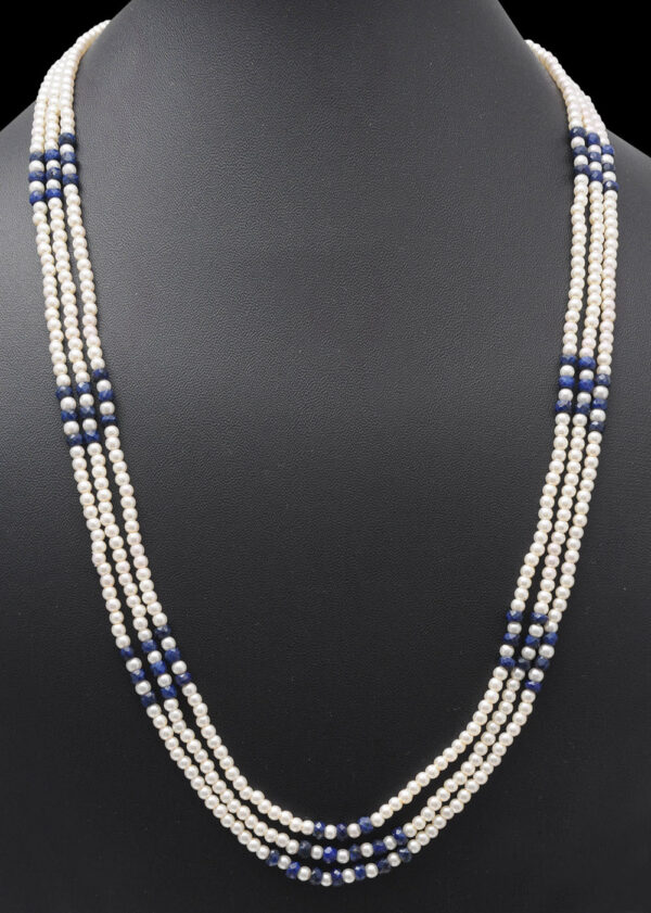 3 Rows Of Pearl & Blue Sapphire Gemstone Baeded Necklace NM-1150