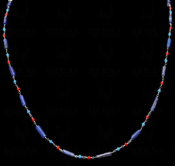 Lapis Lazuli, Coral & Turquoise Gemstone Chain Linked In 925 Silver CS-1151