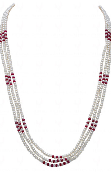 3 Rows Of Pearl & Ruby Gemstone Beaded Necklace NM-1151