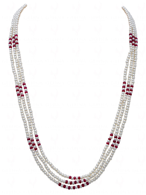 3 Rows Of Pearl & Ruby Gemstone Beaded Necklace NM-1151