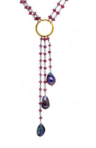 Baroque Pearl & Ruby Gemstone Faceted Bead Chain Knotted In .925 Silver Cm1151