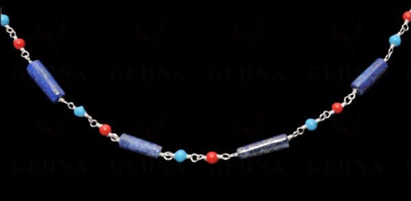 Lapis Lazuli, Coral & Turquoise Gemstone Chain Linked In 925 Silver CS-1151