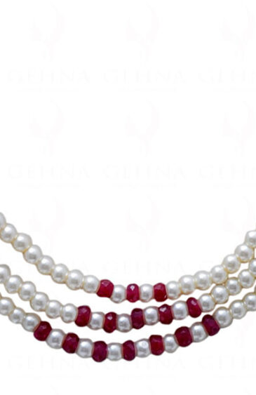 3 Rows Of Pearl & Ruby Gemstone Beaded Necklace NM-1151