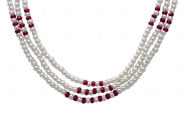 3 Rows Of Pearl & Ruby Gemstone Beaded Necklace NM-1151