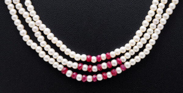 3 Rows Of Pearl & Ruby Gemstone Beaded Necklace NM-1151