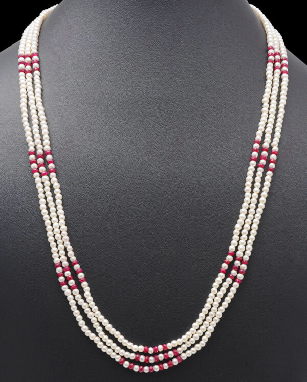 3 Rows Of Pearl & Ruby Gemstone Beaded Necklace NM-1151