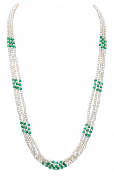 3 Rows Of Pearl & Emerald Gemstone Beaded Necklace NM-1152