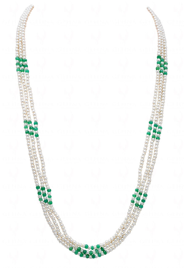 3 Rows Of Pearl & Emerald Gemstone Beaded Necklace NM-1152