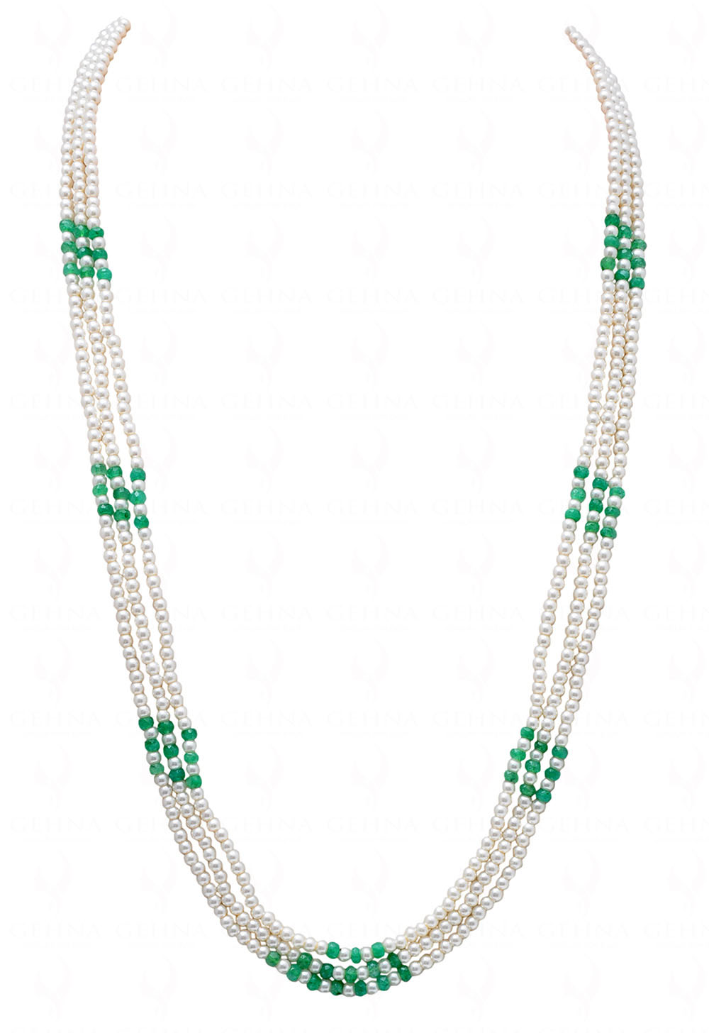 3 Rows Of Pearl & Emerald Gemstone Beaded Necklace NM-1152