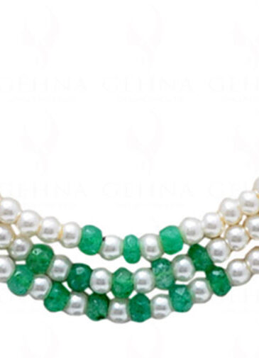 3 Rows Of Pearl & Emerald Gemstone Beaded Necklace NM-1152