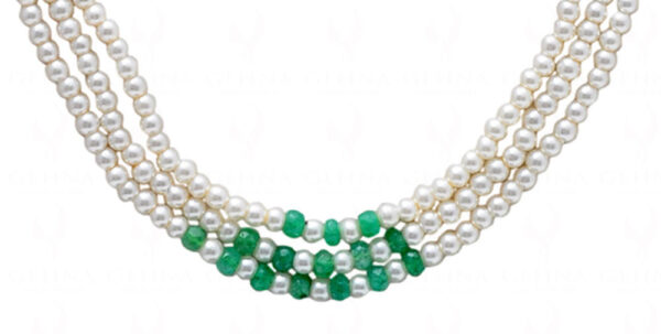 3 Rows Of Pearl & Emerald Gemstone Beaded Necklace NM-1152