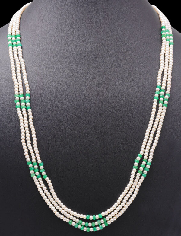 3 Rows Of Pearl & Emerald Gemstone Beaded Necklace NM-1152