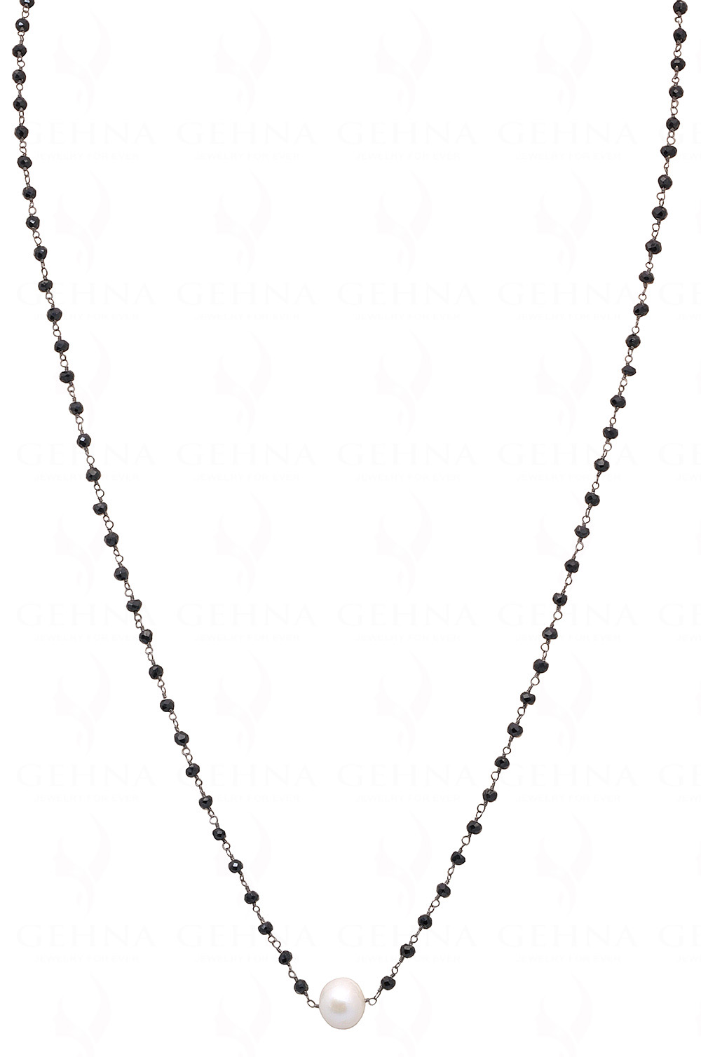 Pearl & Black Spinel Gemstone Faceted Bead Chain Knotted In .925 Silver Cm1153