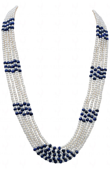 5 Rows Of Pearl & Blue Sapphire Gemstone Bead Necklace NM-1153