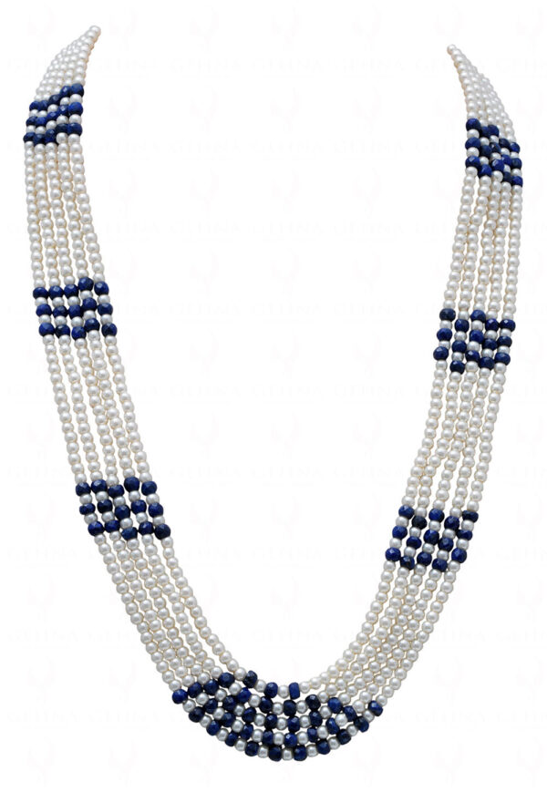 5 Rows Of Pearl & Blue Sapphire Gemstone Bead Necklace NM-1153