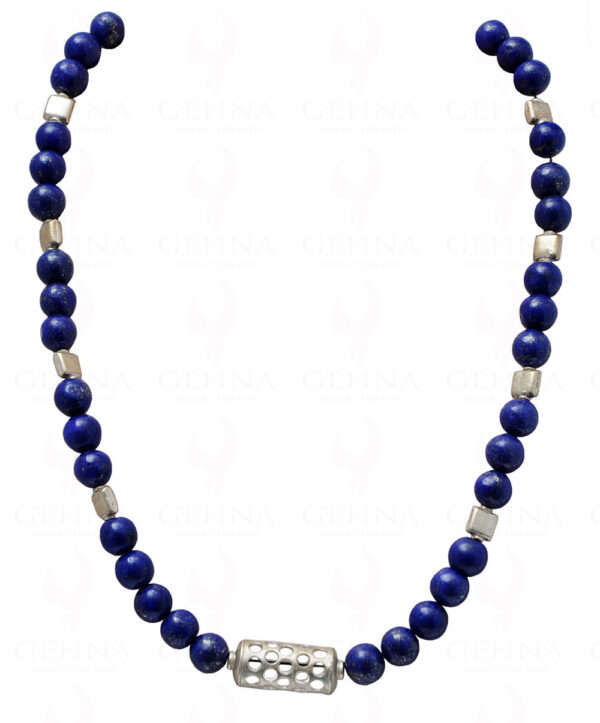 10 MM Lapis Round Cabochon Bead Necklace With Solid Silver Elements NS-1153