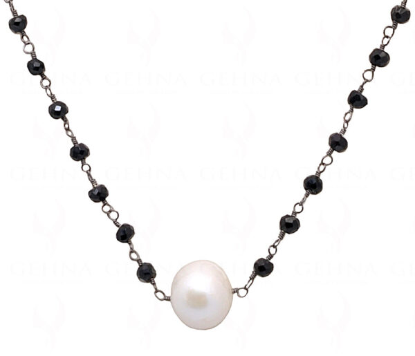 Pearl & Black Spinel Gemstone Faceted Bead Chain Knotted In .925 Silver Cm1153