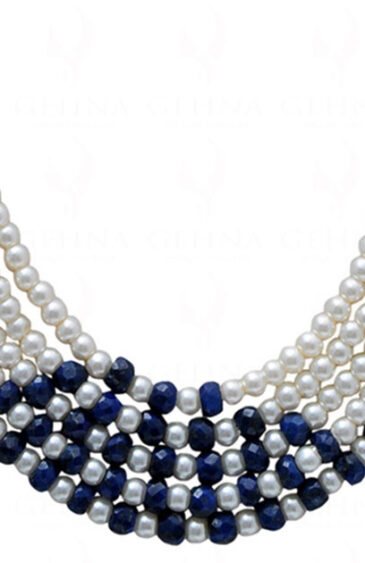 5 Rows Of Pearl & Blue Sapphire Gemstone Bead Necklace NM-1153
