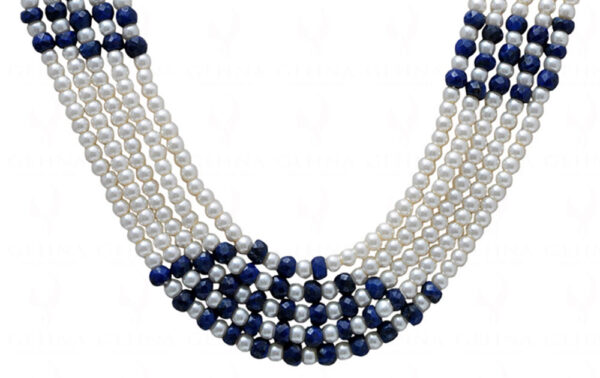 5 Rows Of Pearl & Blue Sapphire Gemstone Bead Necklace NM-1153