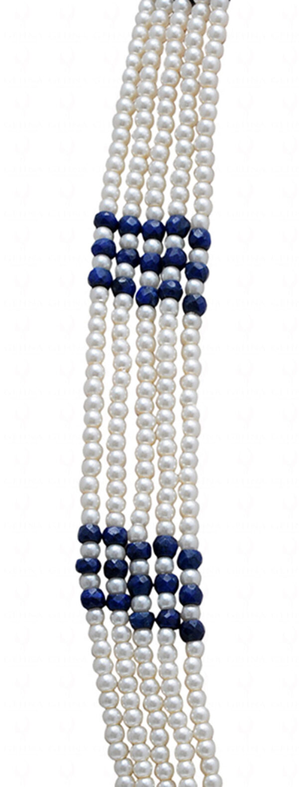 5 Rows Of Pearl & Blue Sapphire Gemstone Bead Necklace NM-1153