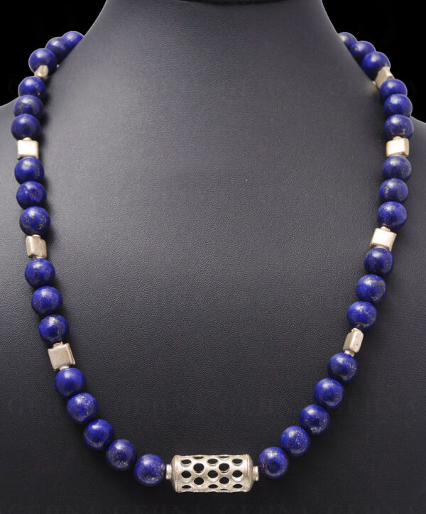 10 MM Lapis Round Cabochon Bead Necklace With Solid Silver Elements NS-1153