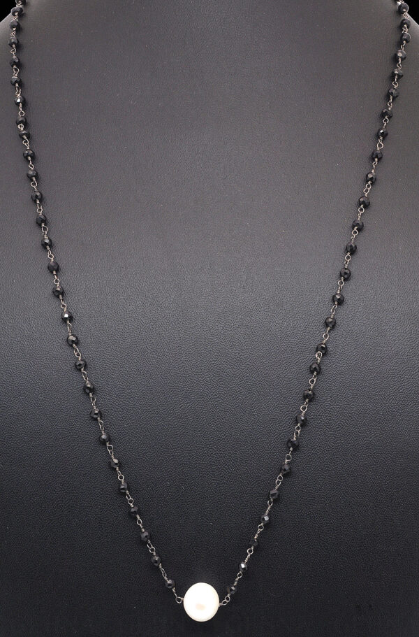 Pearl & Black Spinel Gemstone Faceted Bead Chain Knotted In .925 Silver Cm1153