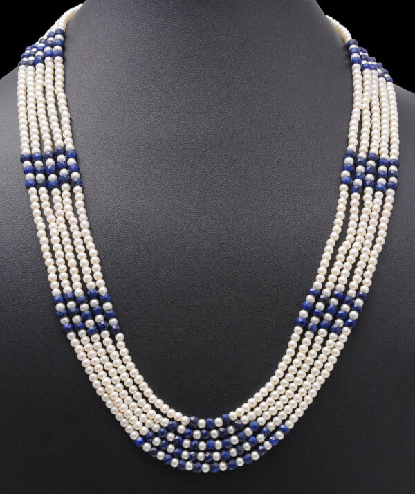 5 Rows Of Pearl & Blue Sapphire Gemstone Bead Necklace NM-1153