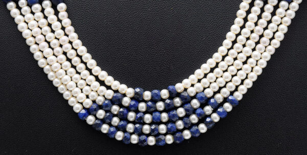 5 Rows Of Pearl & Blue Sapphire Gemstone Bead Necklace NM-1153