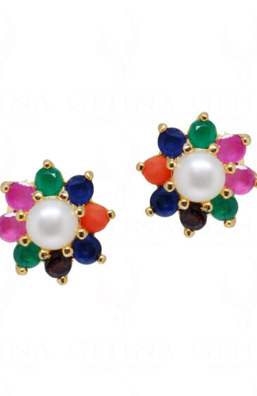 Pearl, Sapphire & Multicolor Studded Flower Shape Earrings FE-1154