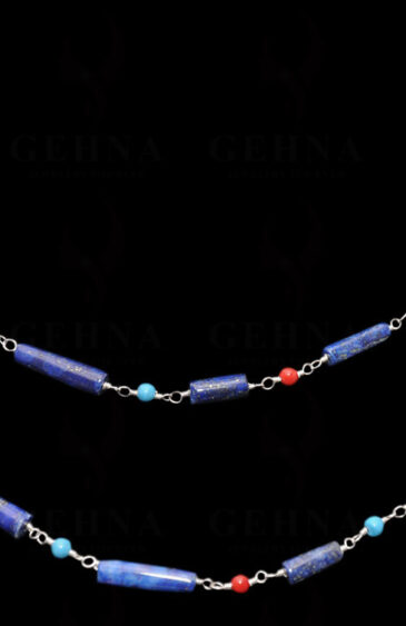 Lapis Lazuli, Coral & Turquoise Gemstone Chain Linked In 925 Silver CS-1155