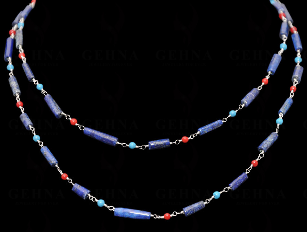 Lapis Lazuli, Coral & Turquoise Gemstone Chain Linked In 925 Silver CS-1155