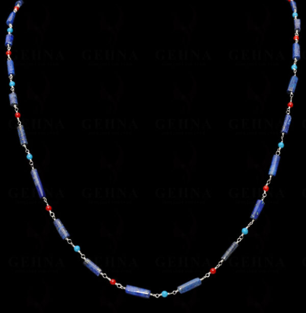 Lapis Lazuli, Coral & Turquoise Gemstone Chain Linked In 925 Silver CS-1155