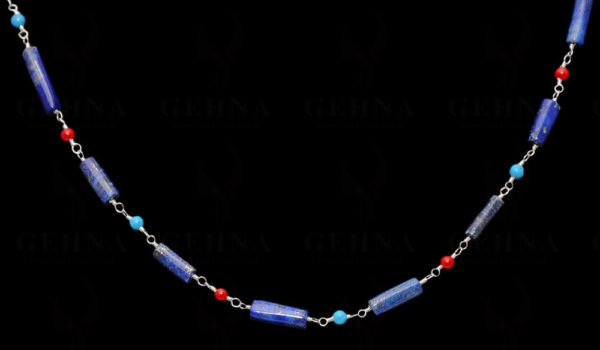 Lapis Lazuli, Coral & Turquoise Gemstone Chain Linked In 925 Silver CS-1155