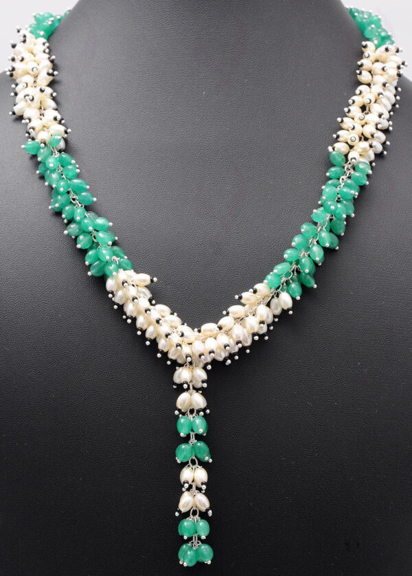 Emerald, Pearl & Black Onyx Gemstone Beaded Necklace With Earring NM-1155