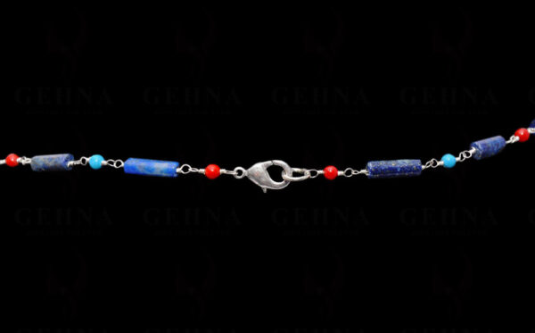 Lapis Lazuli, Coral & Turquoise Gemstone Chain Linked In 925 Silver CS-1155