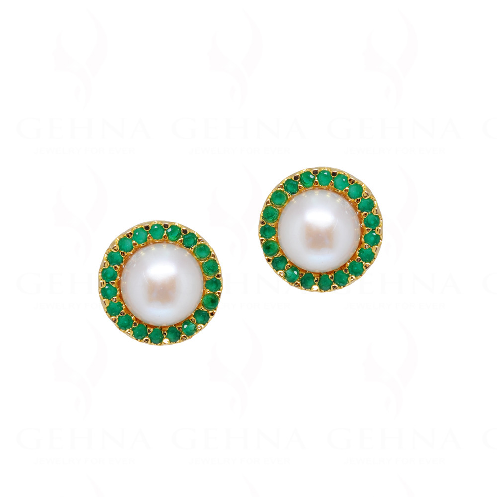 White Pearl & Emerald Studded Round Shape Festive Earrings FE-1156