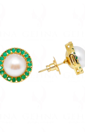 White Pearl & Emerald Studded Round Shape Festive Earrings FE-1156