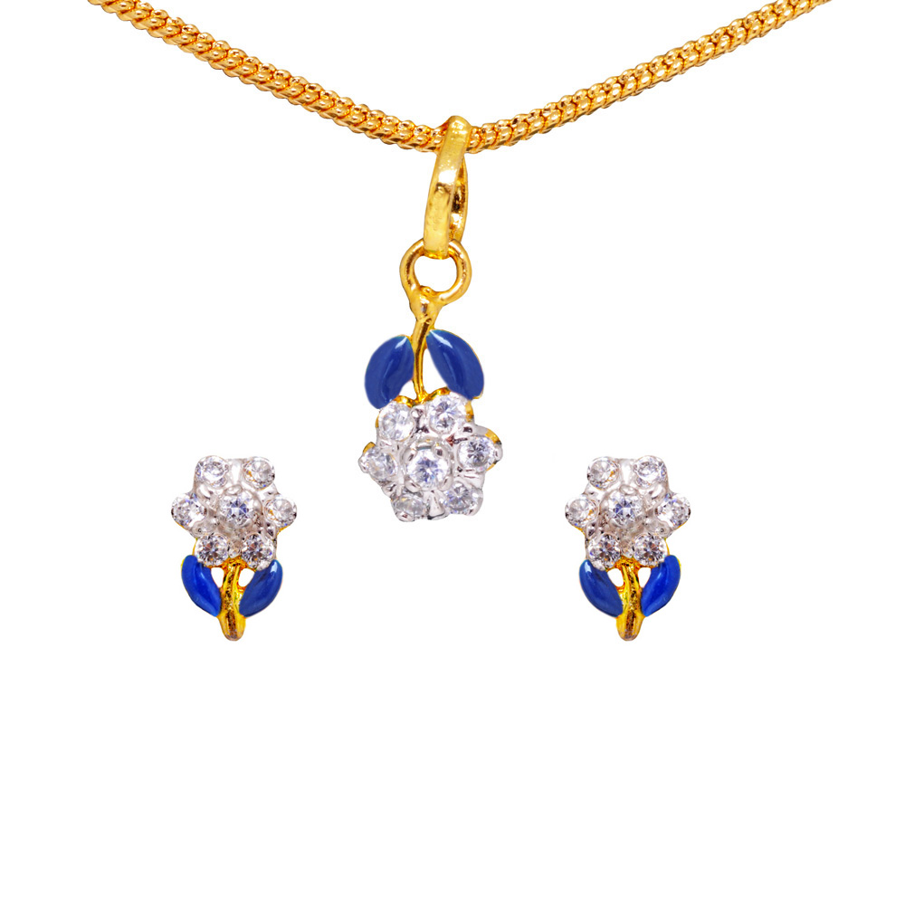 Trendy Blue Topaz Studded Flower Shape Pendant & Earring Set FP-1158