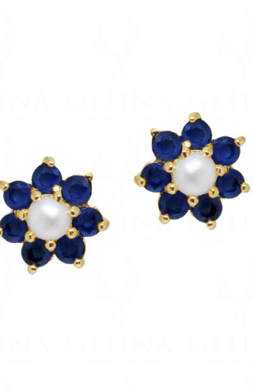 Pearl & Blue Sapphire Studded Flower Shape Earrings FE-1159