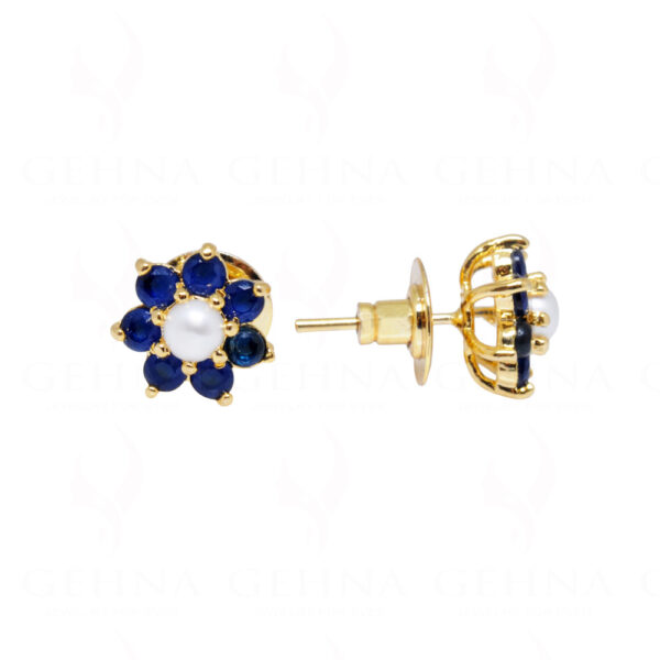 Pearl & Blue Sapphire Studded Flower Shape Earrings FE-1159