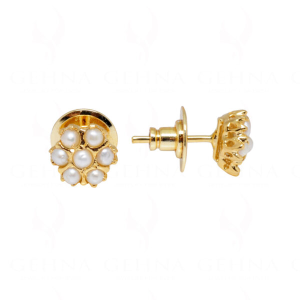 White Pearl Studded Flower Shape Gold Tone Festive Earrings FE-1160
